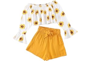 SOLY HUX Girl's 2 Piece Outfit Summer Boho Floral Print Long Sleeve Top and Shorts Set Cute Clothes for Girls
