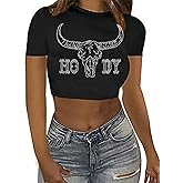 Tewmeu Cropped Cowgirl Outfits for Women Sparkly Western Country Concert Graphic Tee Rodeo Crop Top