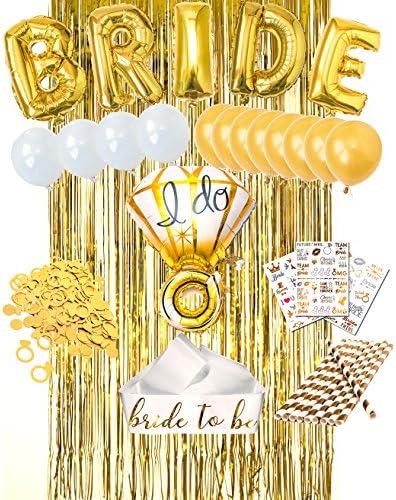 BACHELORETTE PARTY DECORATIONS SET GOLD Bridal Shower Wedding Party Set | Ring &amp; BRIDE foil, pearl &amp; gold latex balloons, Bride to be Sash, fringe curtain, Straws, BONUS Tattoos | Engagement Party