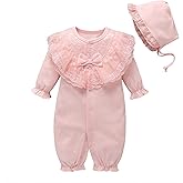 amropi Baby Girls Cotton Romper Lace Collar Jumpsuits Long Sleeve Coveralls with Hat 2 Pieces for 0-18 Months