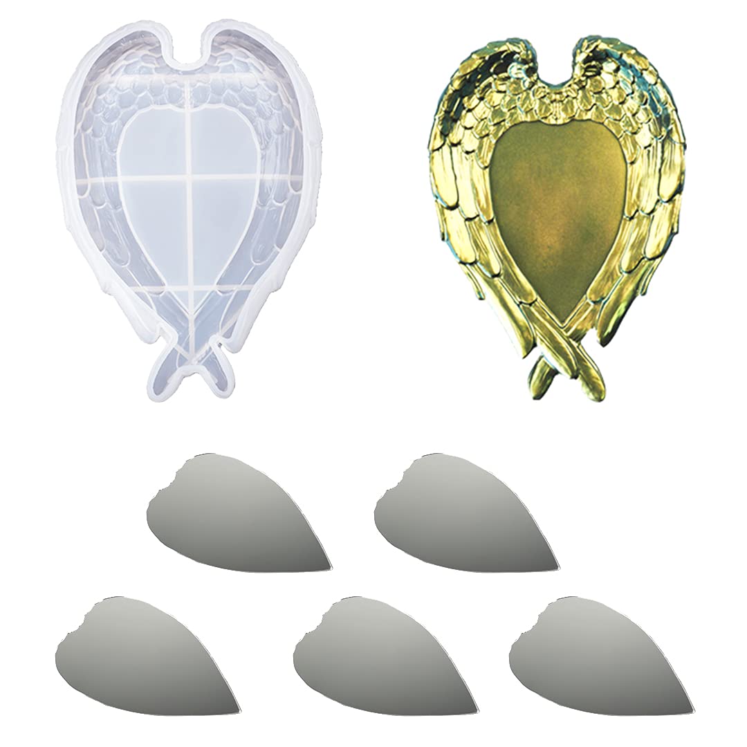 Zayookey Angel Wings Resin Mould Mirror Resin Casting Mold with 5pcs Mirrors Jewellery Tray Silicone Mould DIY Trinket Dish Craft Making for Office Home Decoration