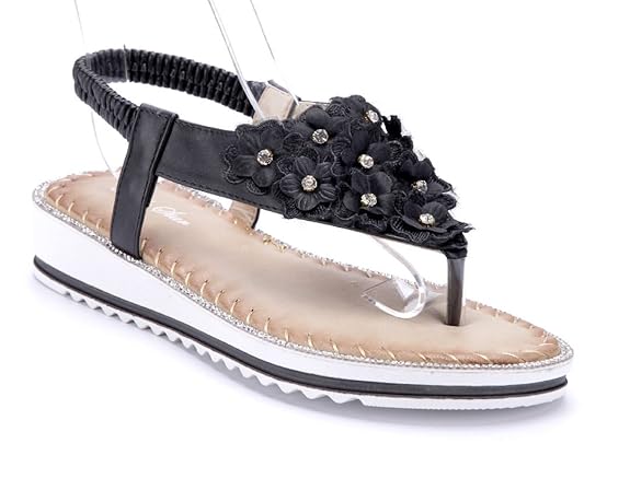 Schuhtempel24 Damen Schuhe Zehentrenner Sandalen Sandaletten Keilabsatz Blumenapplikation/Ziersteine 4 cm