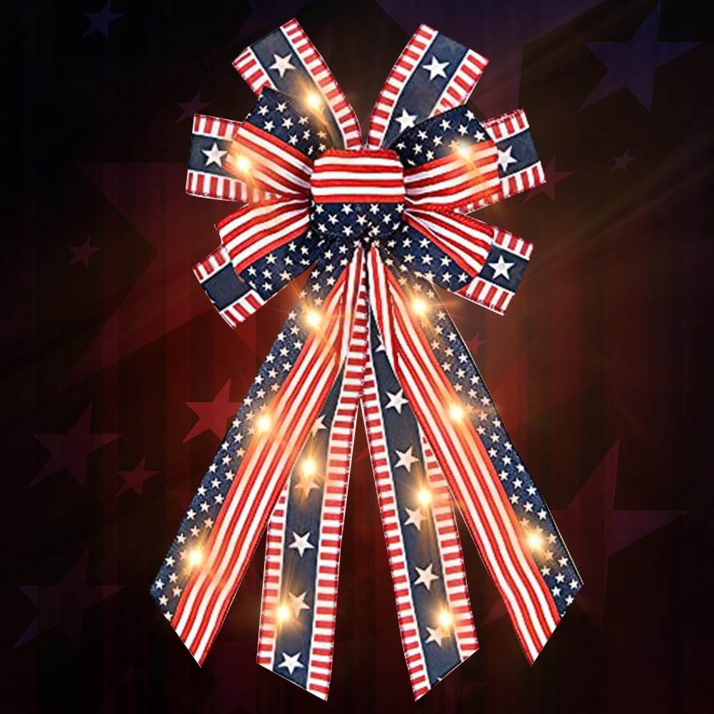 Bows & Ribbons - Hying LED Veterans Day Bows for Wreath, LED Patriotic Wreath Bows Red Blue Burlap Bows American Flags Bow with LED Lights Stars and Stripes Farmhouse Craft Bows for Front Door Labor Day Decorations