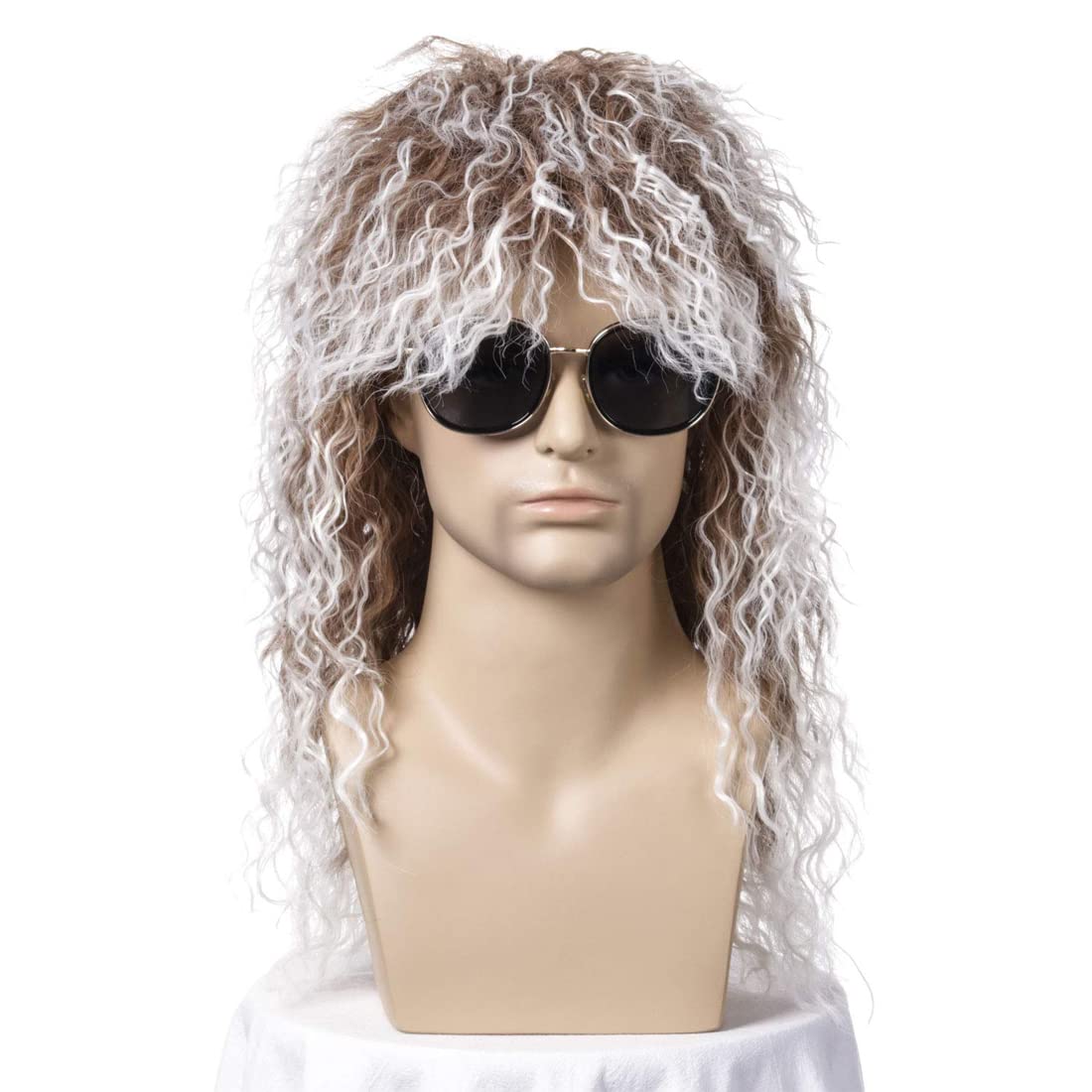 70s 80s Mullet Wig for Men, ATAYOU Long Brown Mixed Silver Gray Punk Heavy Metal Wig Rocker Disco Wig for Carnival Halloween Cosplay Costume