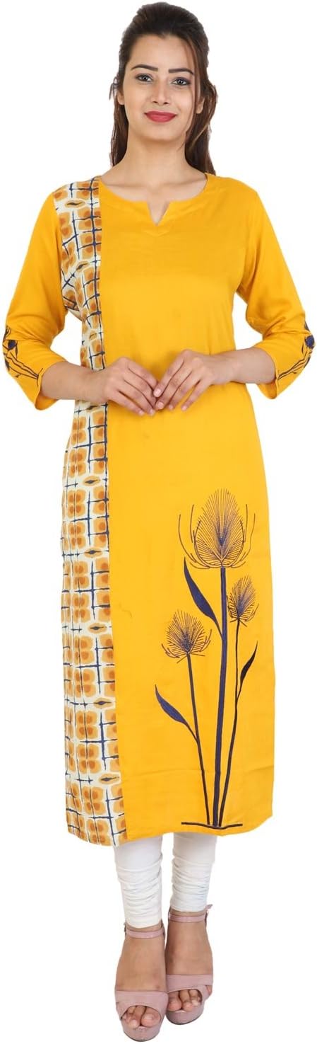 Bright Cotton Women's Straight Embroidered Kurta (Yellow)