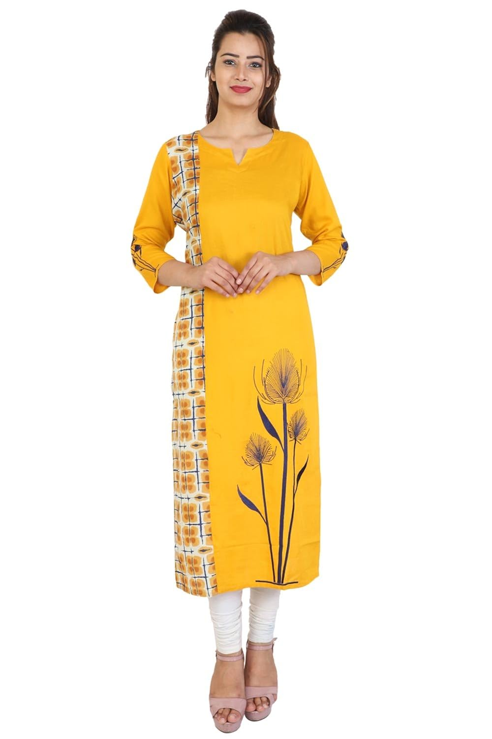 bright cotton women's straight embroidered kurta (yellow)