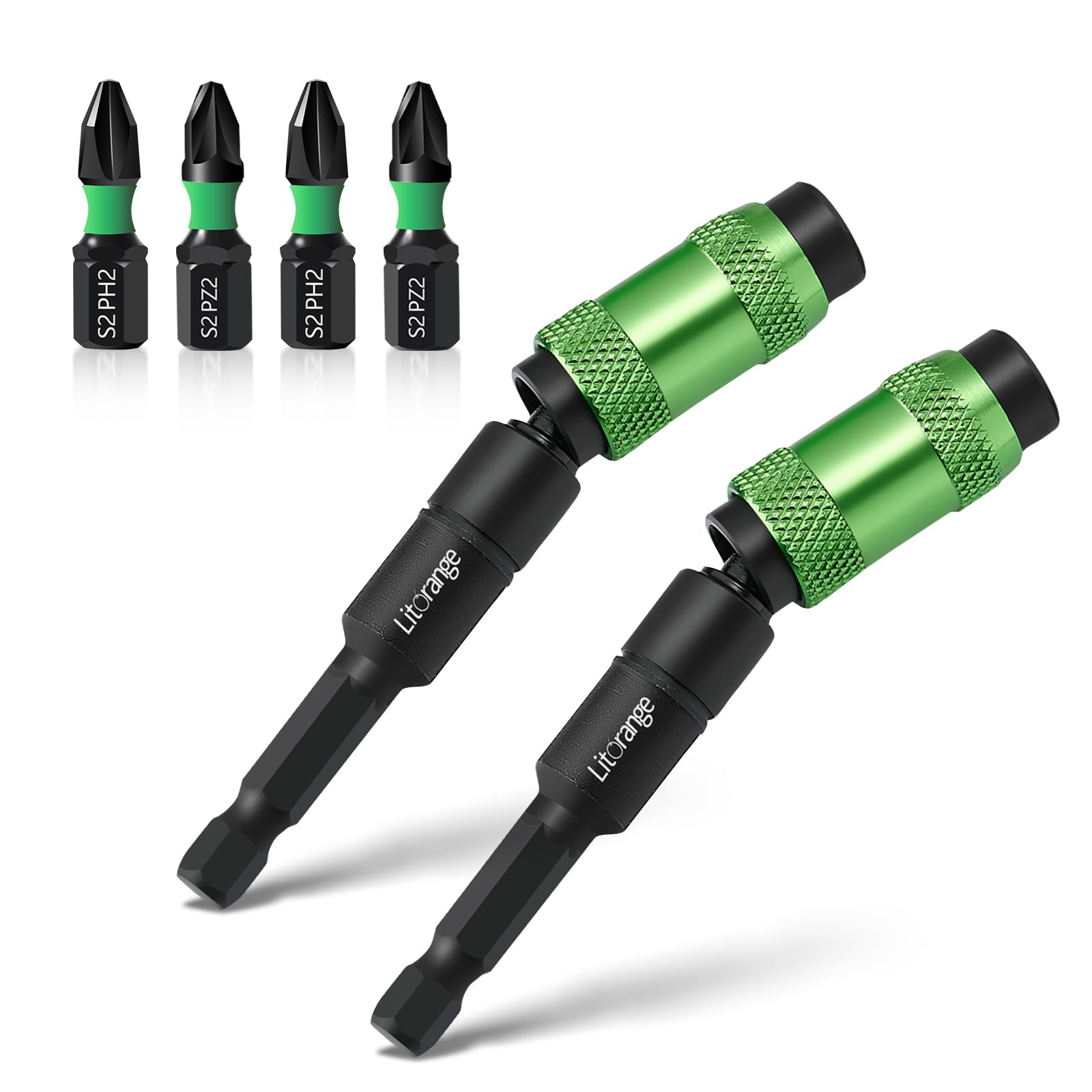 LitOrange 6 Pcs 90 mm Magnetic Pivoting Impact Screwdriver Drill Bit Holder with 4 x 25 mm PZ2 & PH2 Bits Rotary Drill Extension Bit Holder for Narrow Spaces or Corners