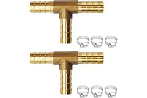 JENSWILL 2PCs 5/16" Brass Hose Barb Fitting Tee 3 way Barbed Splicer Mender Union Fitting with 6PCs Hose Clamp for Oil Water Air