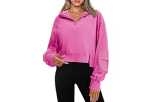 Fisoew Women's Cropped Hoodies Half Zip Long Sleeve Pocketed Fall Loose Fit Hooded Sweatshirts Pullover Tops