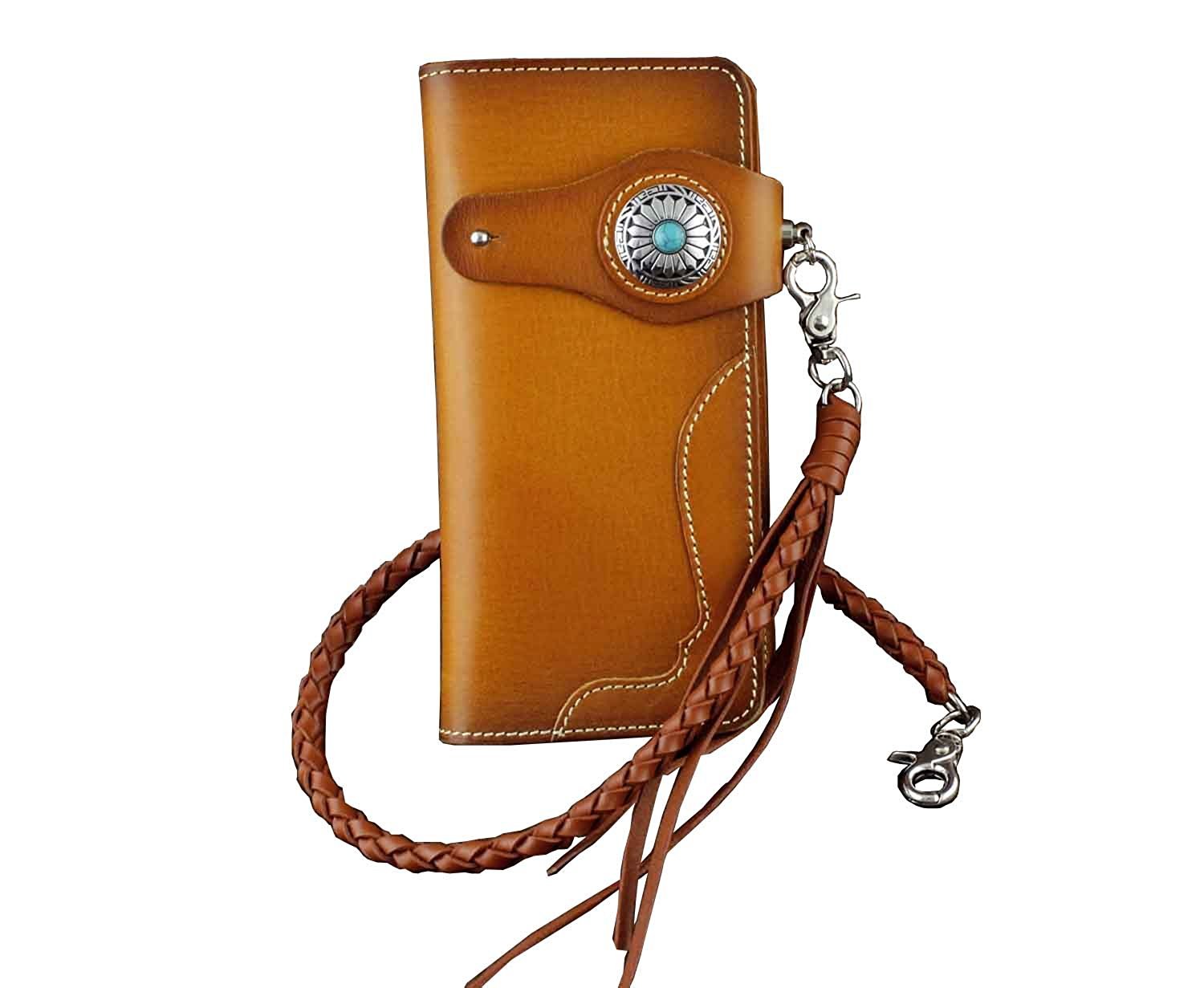 vogueteenMen Turquoise Concho Leather Long Handmade Biker Wallet W/ Braid Leather Chain