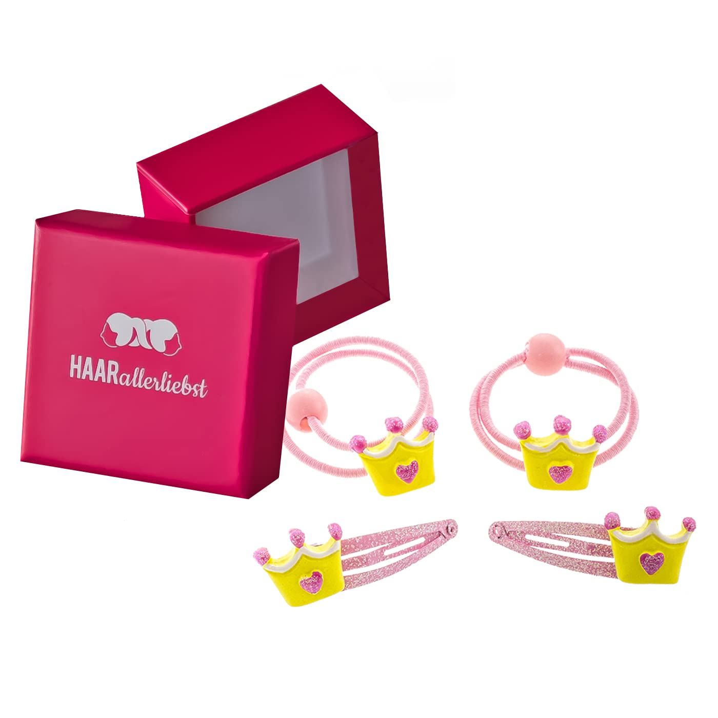 4 Piece Hair Snap Clips and Scrunchie Set Hand Decorated Yellow Crown For Children In Pink Box of Love