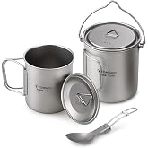 TOMSHOO 750ml Titanium Pot with Lid + 450ml Titanium Mug + Folding Spork | Camping Coffee Cup with Foldable Handle, Backpacking Cup for Hiking Travelling Camping Open Fire