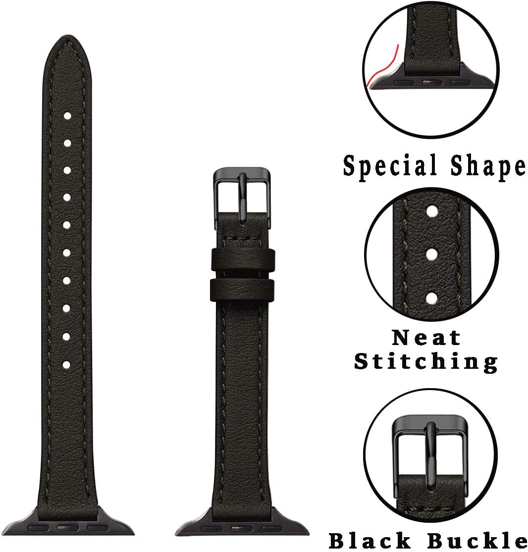 STIROLL Slim Leather Bands Compatible with Apple Watch Band 38mm 40mm 42mm 44mm, Top Grain Leather Watch Thin Wristband for iWatch SE Series 6/5/4/3/2/1 (Black with Black, 38mm/40mm)