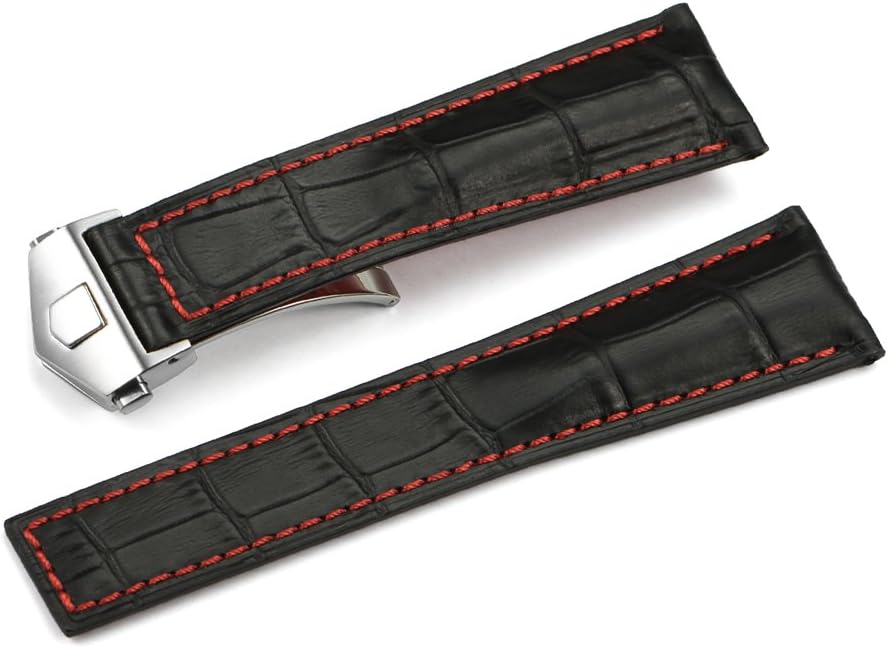 iStrap 22mm Calf Leather Strap Alligator Grain Steel Deployant Watch Band Black Red Stitch