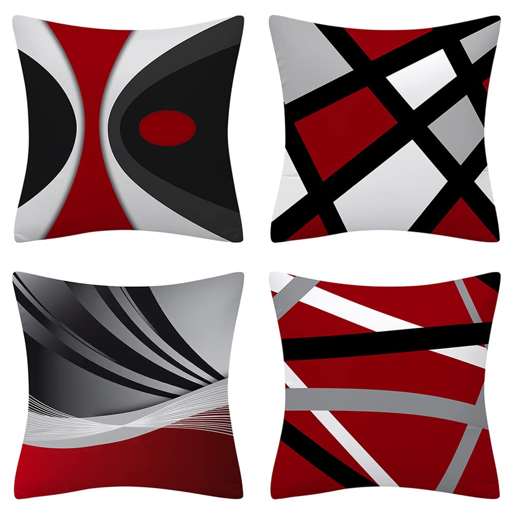 Wajade Black and Red Cushion Covers 18 x 18 inches Modern Abstract Throw Pillow Cases Set of 4 Plush Home Decorative for Bedroom Sofa Chair