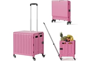 TODAYGO Folding Utility Cart, Collapsible Rolling Crate with Telescoping Handle, Shopping Cart on 4 Rotate Wheels, Fashion Handcart with Sliding Lid, Pink, Folding Shopping Cart on Wheels with Handle
