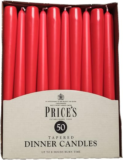 Price's Candles Tapered Dinner Candles Red Unscented 50 Pack 7 Hour Burn