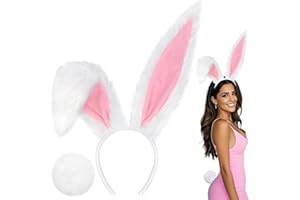 DysanVica Easter Bunny Costume Adult - Easter Bunny Ears Headband and Bunny Tail Easter Accessories Set for Women, Rabbit Ears Dress Up Party Supplies (White and Pink)