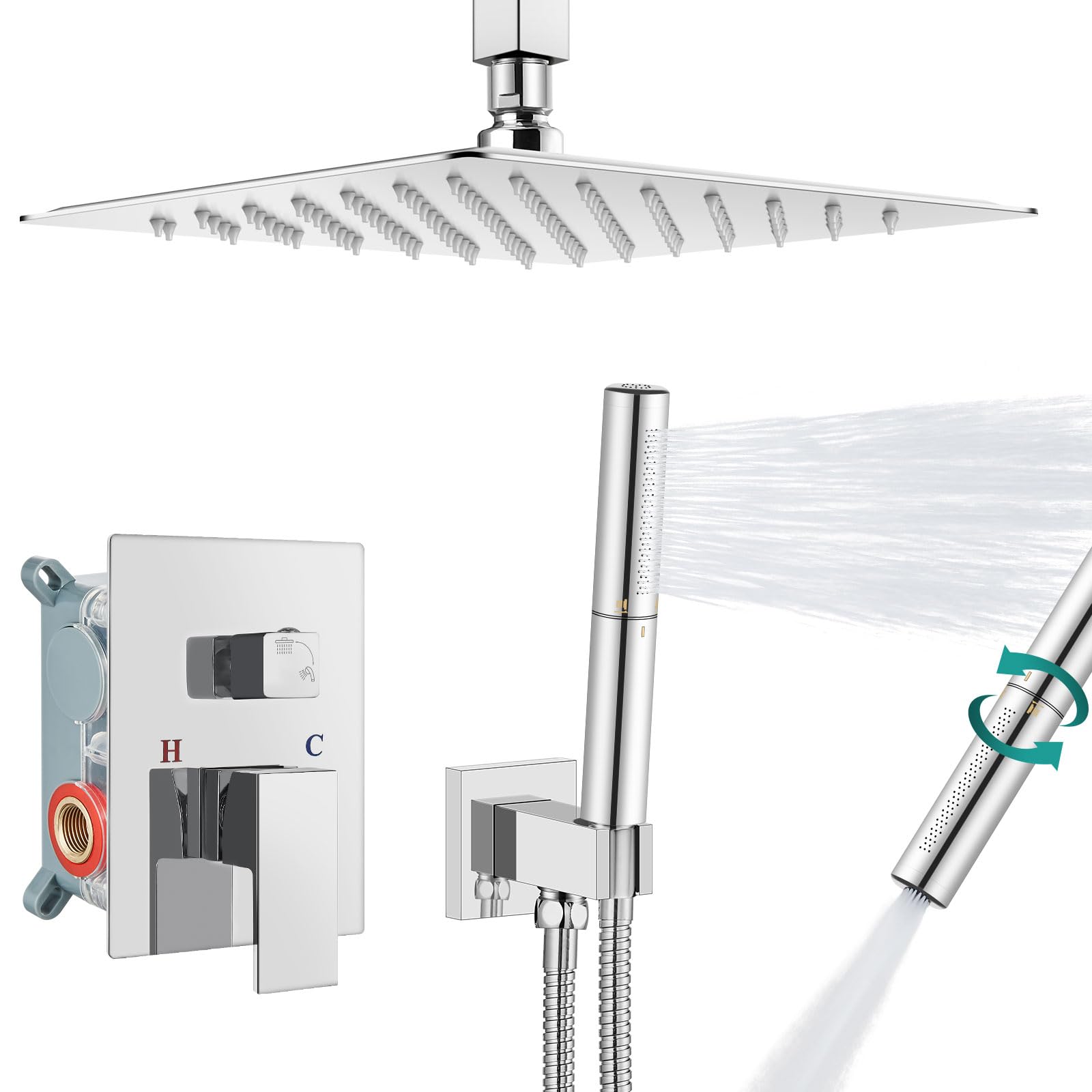 Photo 1 of Aolemi Ceiling Mount Shower Faucet Set,Shower System Rain Showerhead and Handheld Spray Combo High-Pressure Showerheads Set with Valve and Trim Kit Rough-in Valve,12 Inch Polish Chrome