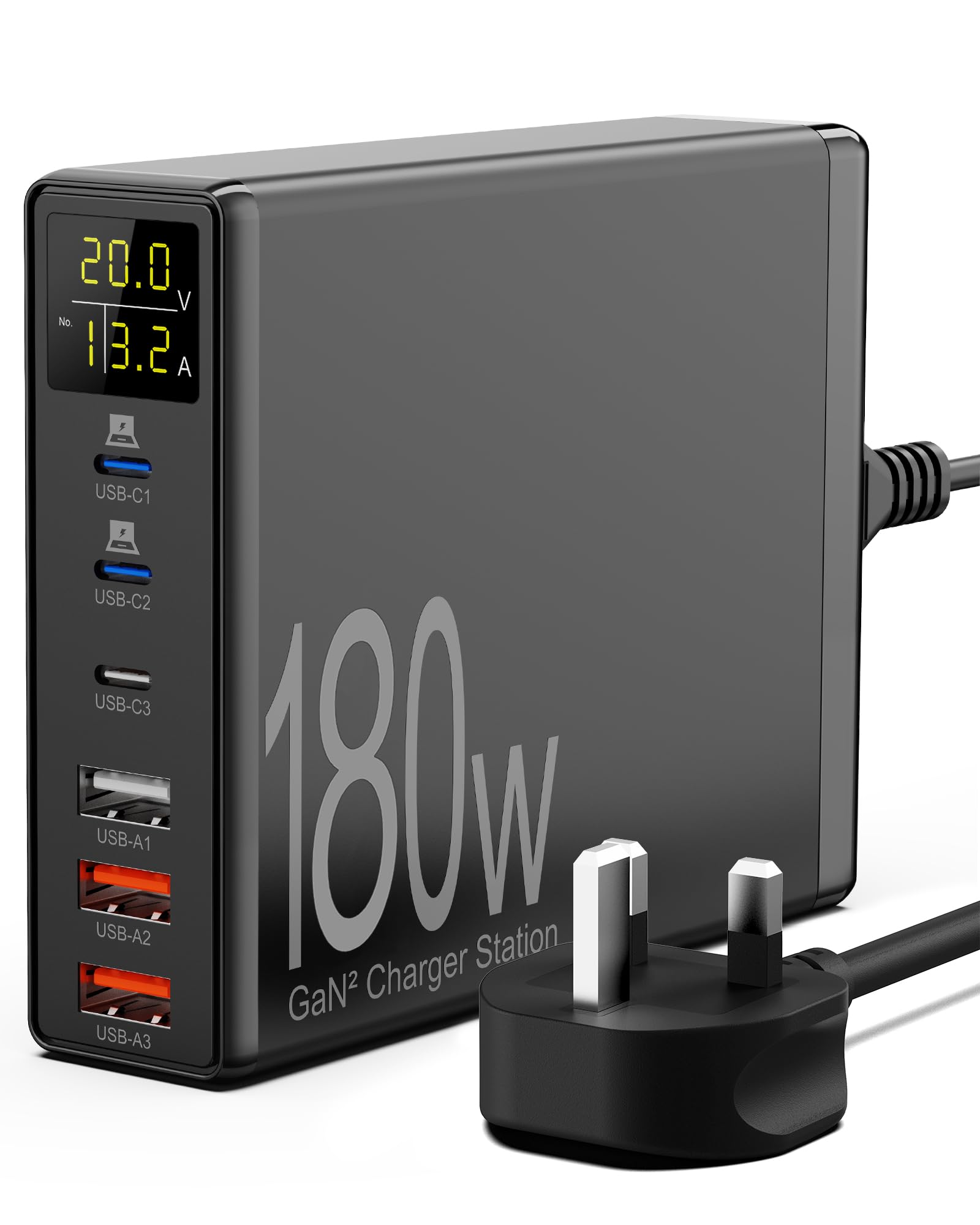 Sanicata 180W 6-Port USB C Charging Station With LCD Display, GaN Charger for Multiple Devices, iPad, iPhone, Galaxy, Android - Black