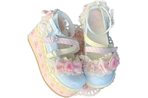 ZQW Women's Kawaii Cute Bow Strawberry Cake Lace Chunky Mary Jane Heels Round Toe Lolita Y2K Aesthetic Platform Wedge Shoes