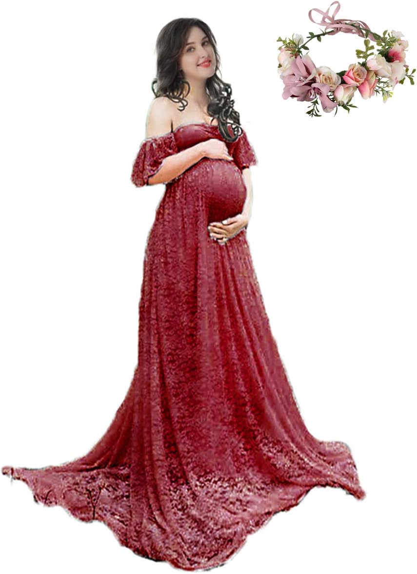 Women's Off Shoulder Ruffle Sleeve Lace Maternity Gown Plus Maxi Photography Dress