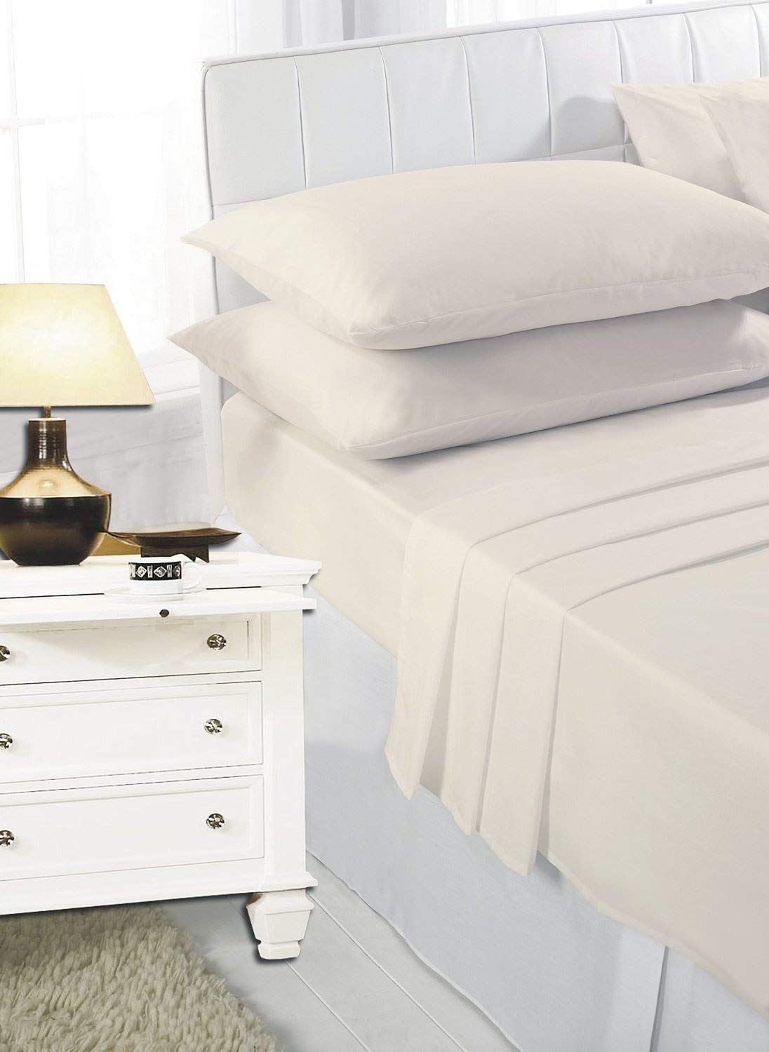 Rohi® Double Fitted Sheet with Two Pillowcases – 25cm Depth – Pure Polycotton Plain Bedding (Double Fitted Sheet & Pillowcases, Cream)