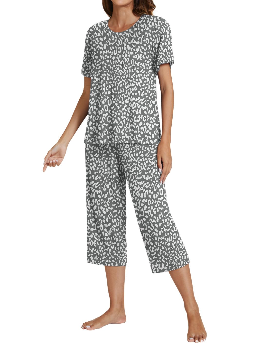Photo 1 of *medium* 
POKWAI Women's Pajama Set Comfort Short Sleeve and Capri Pants Pajama Set Soft Two Pieces Pajama Pants