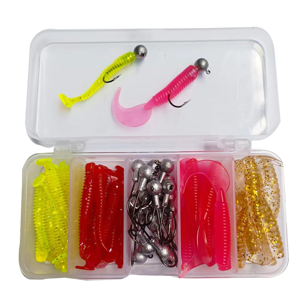 FOLANDO 60pcs Fishing Soft Lures Kit, 40pcs Lures & 20pcs J Hooks, High Carbon Steel, Medium Size, Perfect for Bass, Bluegill, Snakehead & More