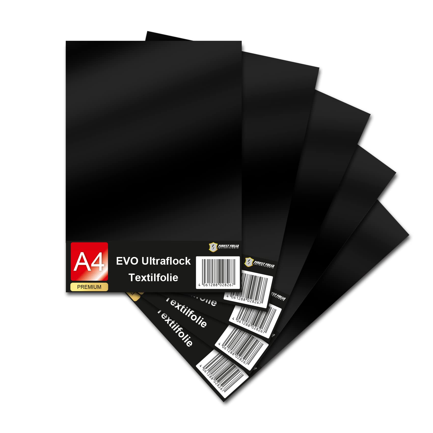 Evo Ultraflock Textile Film for Plotter, 33 Colours, Flock Film in DIN A4 Format, 30 x 20 cm, Plotter Film for Fabric, Clothing, T-Shirt, Flock Film Accessories (Set of 5, 000 Black)