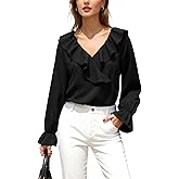 JJDreams Womens Long Sleeve Ruffle Shirt Ruffles Trim V Neck Elastic Cuff Sleeve Blouse Dressy Casual Office Top Fall Spring
