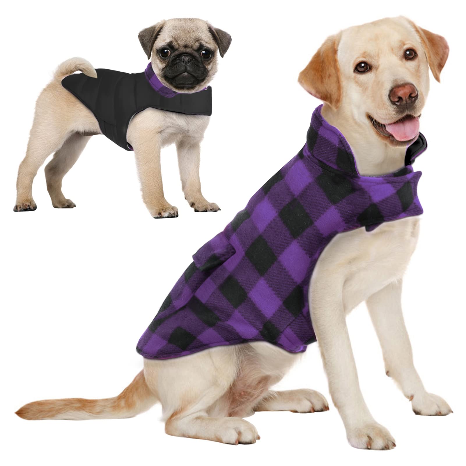 AOFITEE Reversible Dog Coat, Warm Dog Jacket Plaid Winter Coat for Dogs, Thick Padded Dog Vest for Winter Dog Snow Jacket Cold Weather Dog Coats with Leash Hole for Small Medium Large Dogs