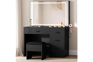 YITAHOME Makeup Vanity Set with LED Mirror & 3 Lighting Modes, 4-Drawer Vanity Table with Charging Station and Cushioned Stool for Dressing Room, Black