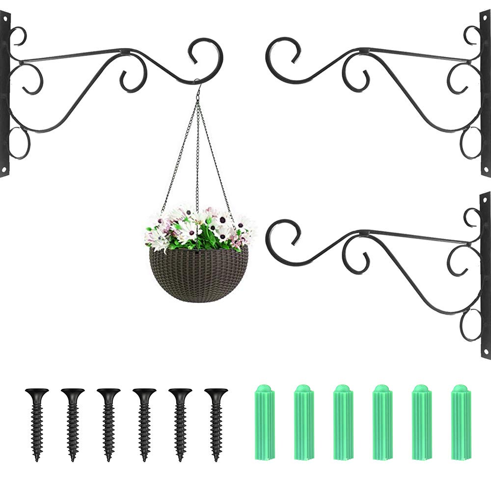 NETUME 3 Pack Hanging Basket Bracket - Metal Black Hanging Basket Hooks, Wall Brackets for Hanging Baskets Outdoor Indoor, Hanging Bracket Hooks with Screws for Garden/Bird Feeder/Plant/Lantern