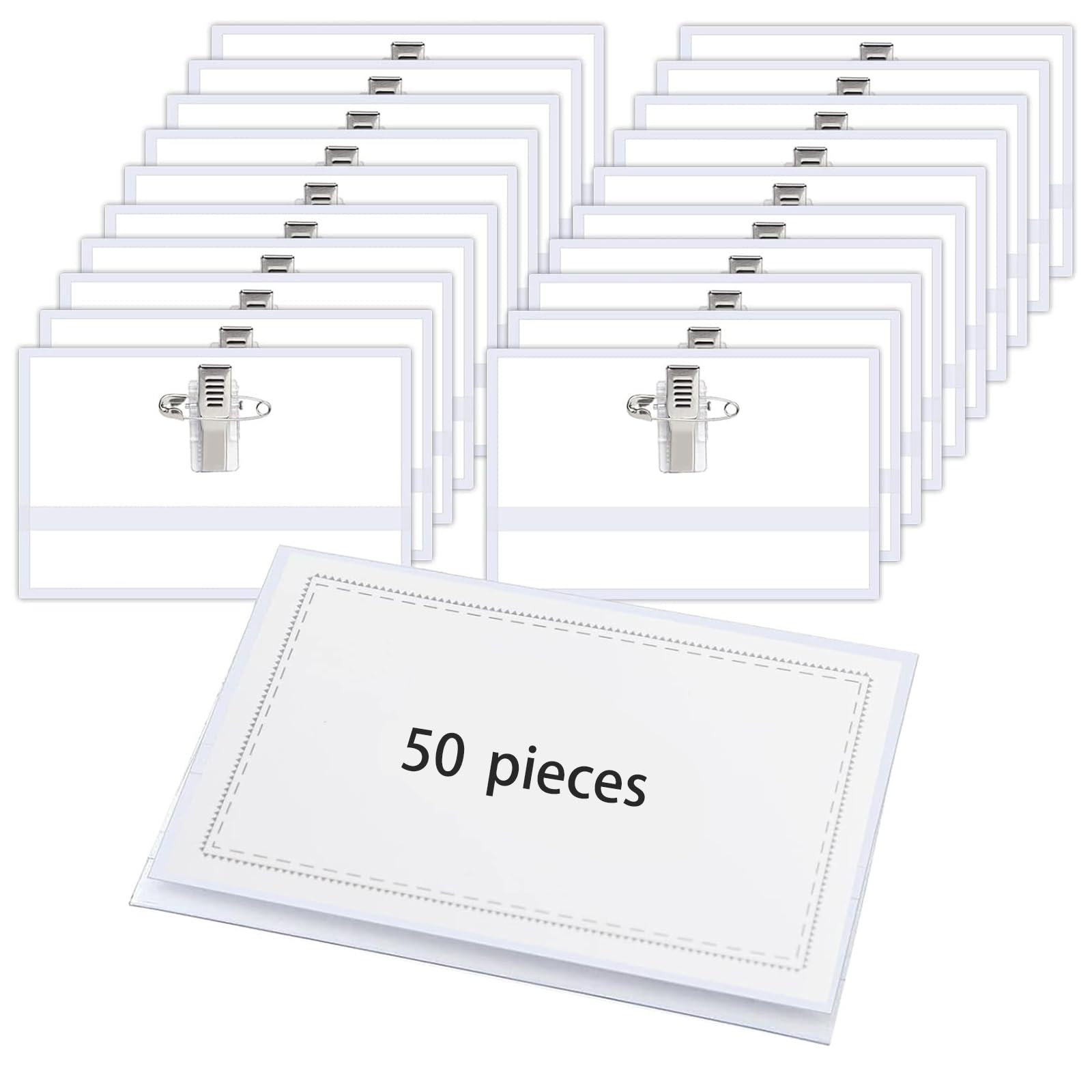 50 Name Badges - Plastic Name Badges with Pin, Id Card Holders for Work