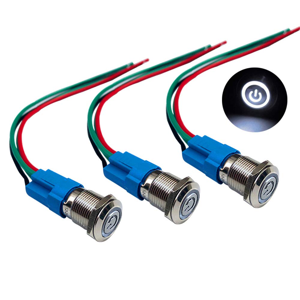 QitinDasen 3Pcs Premium 12V/24V 3A Self-locking Latching Push Button Switch, 12mm Car Ignition Starter Switch, White LED Light Stainless Steel IP66 Waterproof Switch with Socket Plug Wire