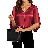 CiCiBird Women's V Neck Silk Blouse with Metal Detail 3/4 Bell Satin Sleeve Shirts Dressy Casual Pleated Tops