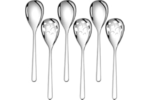 6 Piece Serving Spoons Set, Includes 3 Serving Spoons and 3 Slotted Spoons, 18/8 Stainless Steel Buffet Serving Utensils - Mi