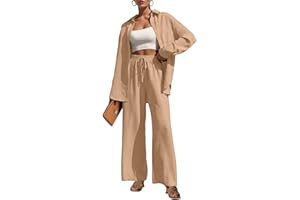 Lepunuo 2 Piece Outfits for Women Casual Lounge Sets Long Sleeve Button Down Shirts and Wide Leg Pants Sets Tracksuit