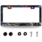 Starry Sky Mountains License Plate Frame Beautiful Galaxy License Plate Holder Funny Stainless Steel Accessories Cars Decor with 2 Holes and Screws Fits Standard Us Ca Vehicles 12.2 X 6 Inch