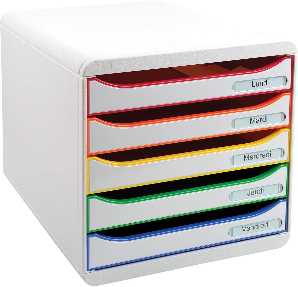 Exacompta - Ref 309913D - BIG-BOX PLUS Desktop Drawer Set - 5 x 43mm Drawers, Suitable for A4+ Documents, 347 x 278 x 271mm, 100% Recycled Plastic - White/Harlequin/White — image 1