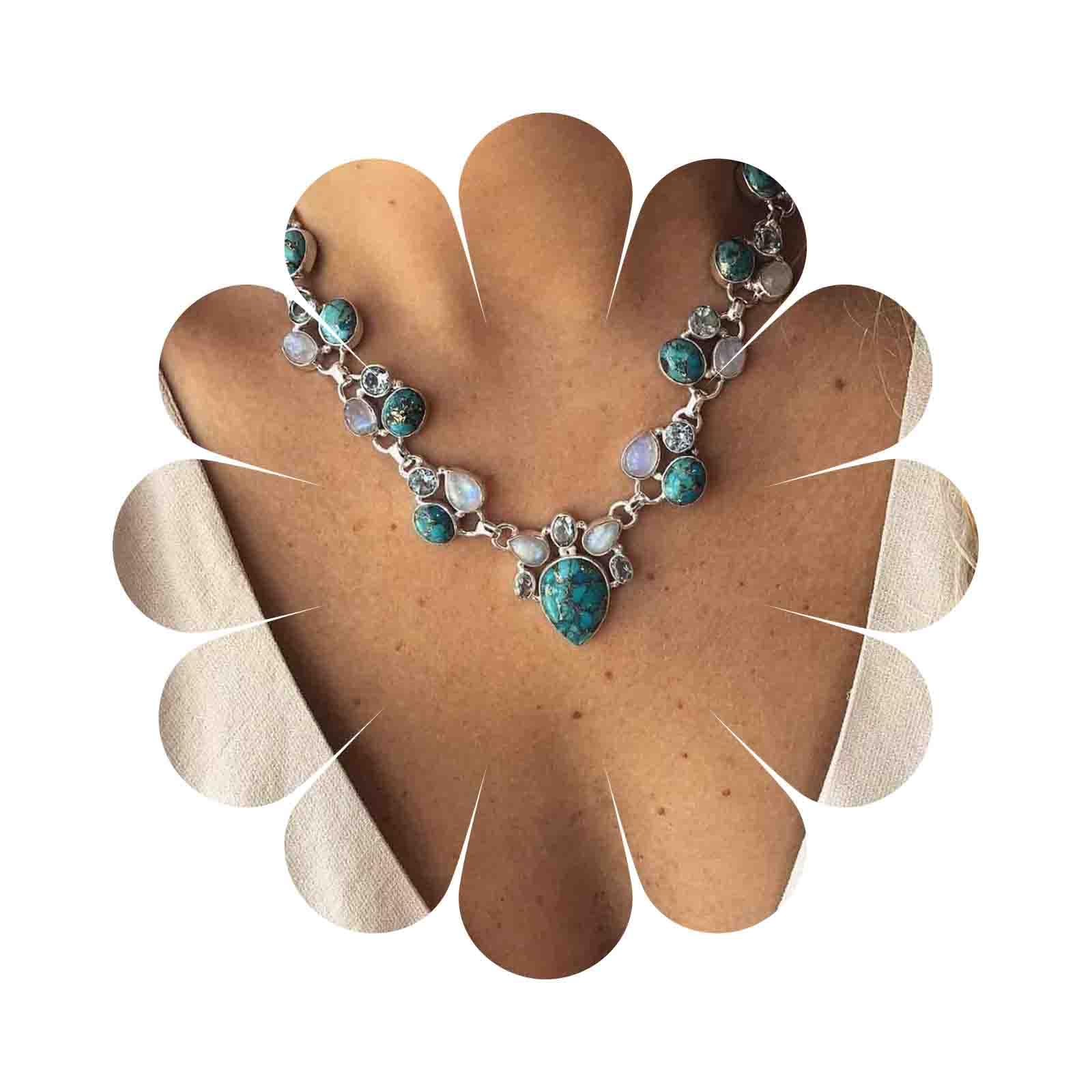 Yheakne Bohemian Necklace Turquoise Moonstone Silver Opal Teardrop Choker Necklace Vintage Necklace for Women Girls