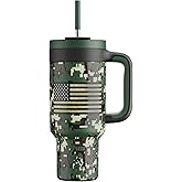 40 oz Camo Tumbler with Handle, 2-in-1 Straw and Sip Lid, Leakproof, Dishwasher Safe, Insulated Stainless Steel Travel Coffee Mug, Keeps Cold for 34 Hours, Fits in Car Cupholder (Woodland Flag)