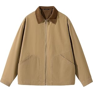Eisctnd Mens Lightweight Barn Jacket Windbreaker Casual Full Zip | Soft Corduroy Collar, Vintage Long-Sleeve Shacket, Boxy Fi