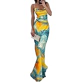 Hoowkawen 2025 Women's Summer Elegant Sleeveless Dress,Tie-Dye Color Block Backless Low Cut Bust Bodycon Maxi Dress