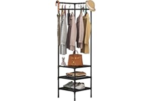 EAROND Corner Hall Tree,Standalone Coat Rack with 3-Tier Clothing Shoes Storage and 10 Hooks for Entryway,Hallway,Bedroom,Bathroom,Living Room,Office