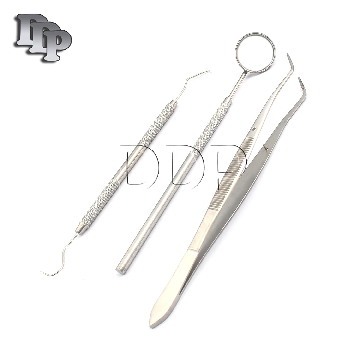 3-Piece Basic Dental Instruments Set - Mouth Mirror, Explorer Probe & C. Plier (German Grade Stainless Steel)