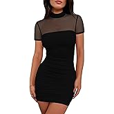 DAAWENXI Women's Mesh Sheer Ruched Mini Dress 2026 Sexy Short Sleeve Mock Neck Bodycon Party Club Dresses