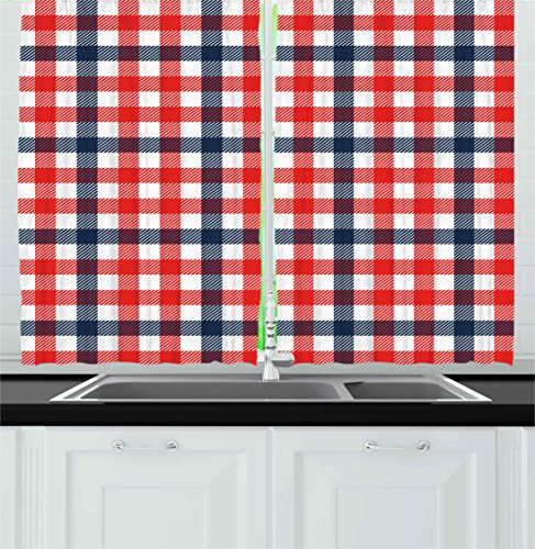 Vintage Kitchen Curtains by Ambesonne, Checkered Gingham Plaid Pattern Traditional Scottish Tartan Classic Retro, Window Drapes 2 Panels Set for Kitchen Cafe, 55W X 39L Inches, Navy Blue Red White