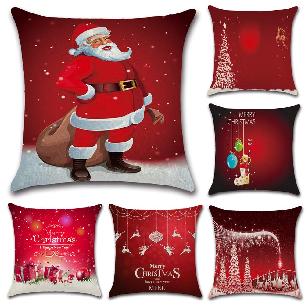 HuifengS Linen Throw Cushion Pillow Covers Square Pillowcase Merry Christmas and Happy New Year Decorative for Sofas Beds Chairs Cushion Cover Set of 6, 18 x 18 Inch